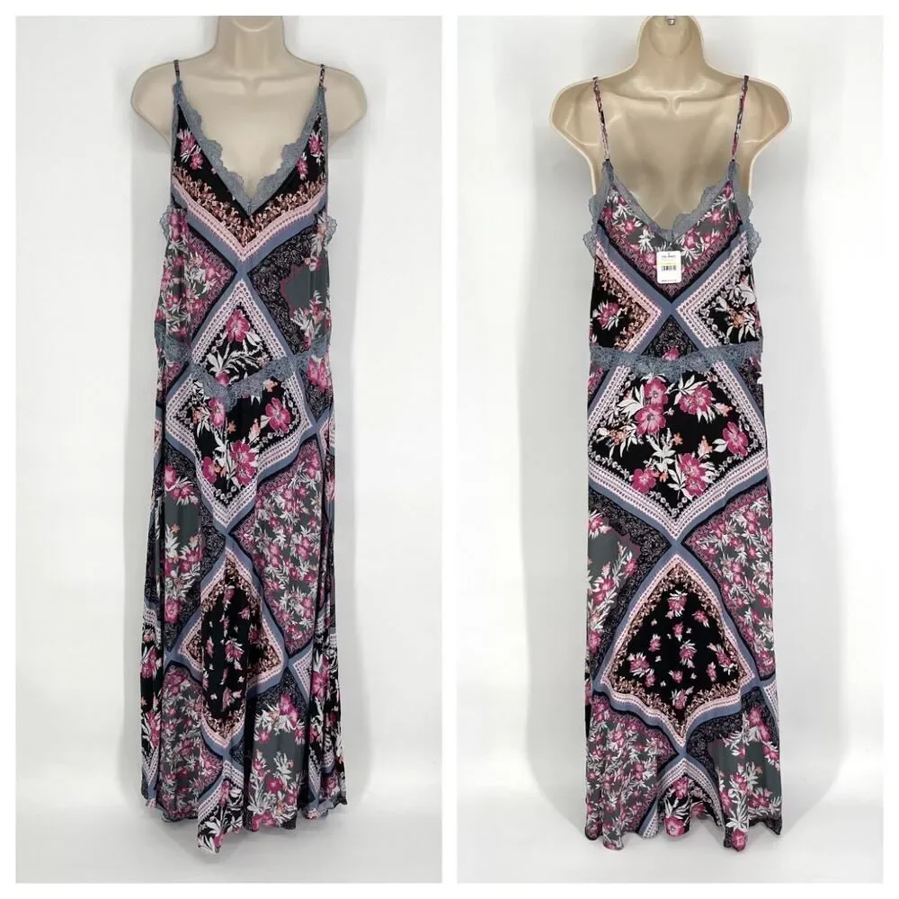 Intimately Free People NEW Stevie Printed Maxi Slip Dress Sz M Lace Graphite